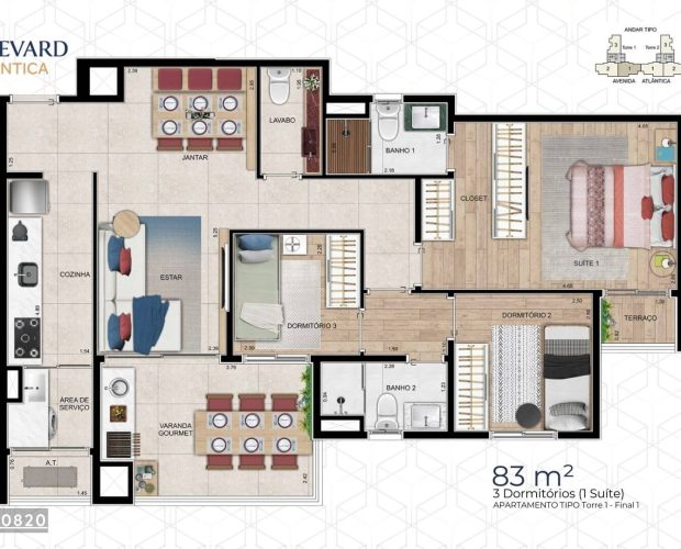 Planta 83m 3 dorms (1 suite) - Boulevard Atlântica